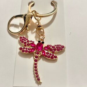 Gold Toned Dragonfly Magenta Rhinestones Embellished Keychain Keyring (NWT)